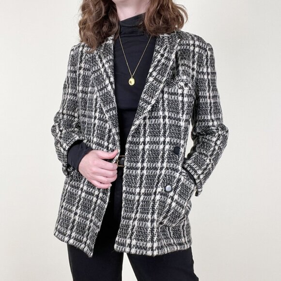 Vintage Plaid Tweed Houndstooth Oversized Blazer Jacket Coat Preppy Wool Peacoat - Picture 5 of 5